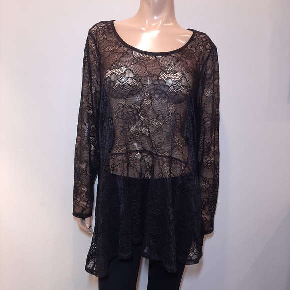 🍁 MICHEL STUDIO Sheer Lace Scoop Neck Long Sleeve Peplum Top Black Stretchy - Picture 7 of 10